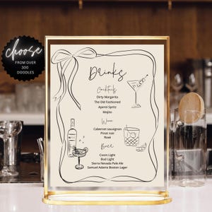 Beige bow Drink Bar Menu Template printable, Hand drawn line art illustrated bar menu, Wedding menu Editable scribble menu French style