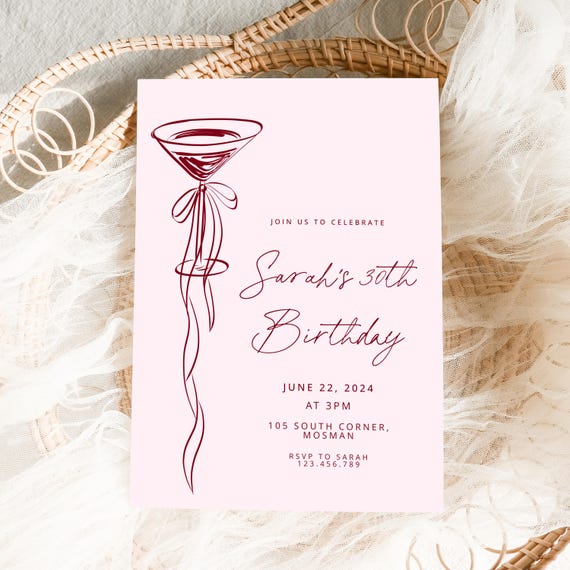 30th Birthday Invitation Template, 30th birthday invite, Pink martini bow 30th birthday Invites, cheers to 30 birthday Invite template