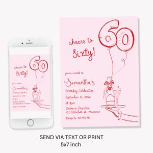 May include: Pink and red 60th birthday party invitation with a bottle of champagne and a glass on a tray. The text reads "Cheers to Sixty!" and "You're invited to Samantha's Birthday Celebration September 12, 2026 at 7pm Bather's Pavilion 1125 Elizabeth st. Mossman RSVP to 123.456.789".