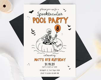 Może przedstawiać: Zaproszenie na Halloween z napisem "Spooktacular Pool Party". Projekt przedstawia szkielet w kole ratunkowym trzymający balon z numerem 8. Zaproszenie zawiera szczegóły imprezy i informacje RSVP.