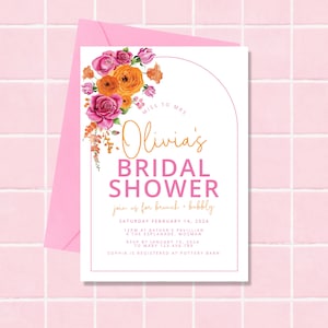Pink Orange bridal shower invitation template, hot pink floral bridal shower invites ,Bridal Shower Invitation Pink, Printable Bridal et100