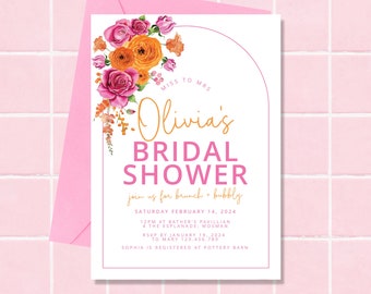 Pink Orange bridal shower invitation template, hot pink floral bridal shower invites ,Bridal Shower Invitation Pink, Printable Bridal et100