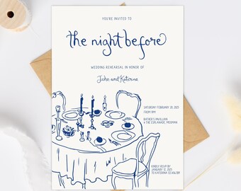 May include: A blue and white wedding rehearsal invitation with a hand-drawn illustration of a table setting with candles and plates. The text reads "You're invited to the night before Wedding Rehearsal in honor of John and Katerina Saturday February 20, 2025 from 7pm Bather's Pavillion The Esplanade, Mosman Kindly RSVP by January 17, 2025 to Katerina 123 456 789".