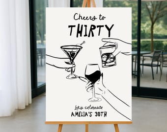 30TH Welcome Sign Birthday sign girl, Editable Cocktail Welcome sign 30th Birthday welcome sign decor wine, 30th Birthday, cheers to thirty