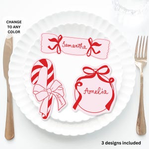 Pink Christmas Place Cards Template, Christmas Whimsical PlaceCard, Bow Cracker Place Card, Bow Editable Table, Fancy Christmas placecard