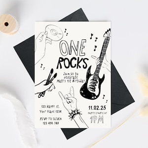 One rocks Boy first Birthday Invitation Template, 80s Birthday Party Invitation Rock and Roll Birthday Invite, Boy Rocker Birthday invite