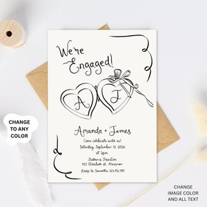 Hand Drawn Engagement Party Invitation Illustration invite, Handwritten Vintage engagement invite, we&#39;re engaged Invite for Engagement Party
