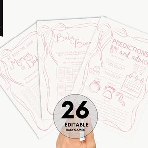 Baby shower games - Predictions and Advice Baby Shower Games, Whimsical pink bow Border Template Girl Baby Shower game drawn baby bingo