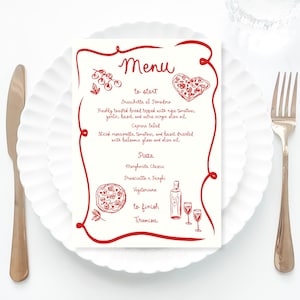 Red Italian Inspired Menu Template printable, Hand drawn line art illustrated pizza party food menu, Whimsical menu scribble Italian menu