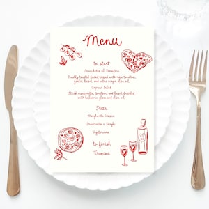 Red Italian Inspired Menu Template printable, Hand drawn line art illustrated pizza party food menu, Whimsical menu scribble Italian menu