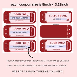 May include: Printable coupon book template with a red and white design. The template includes three coupons for "One Hour Massage", "Breakfast in Bed", and "Chore Free Day". The template also includes a coupon book cover with the text "Coupon Book" and space to write "To:" and "From:".