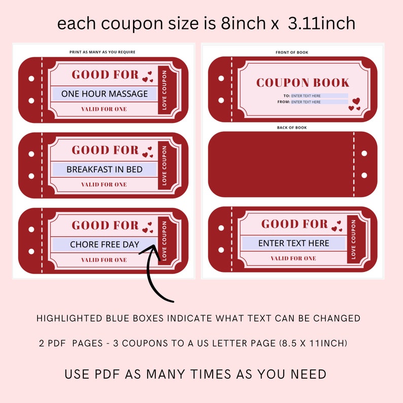 May include: Printable coupon book template with a red and white design. The template includes three coupons for "One Hour Massage", "Breakfast in Bed", and "Chore Free Day". The template also includes a coupon book cover with the text "Coupon Book" and space to write "To:" and "From:".