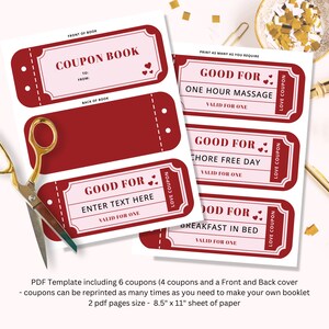 May include: Printable coupon book template with six red and pink coupons. The coupons are for one hour massage, chore free day, breakfast in bed, and a blank coupon for you to fill in. The template includes a front and back cover for a coupon book.