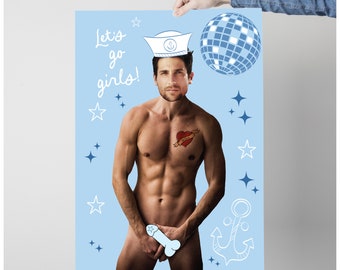 Blue Bachelorette Game Poster, Sailor Bachelorette junk on the Hunk Game, Pin the Tail on the Hunk Bachelorette Weekend, Adult drinking game