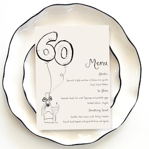 60th birthday Menu Template printable, Hand drawn dinner menu for 60th party food menu cheers to sixty menu 60 balloons, sixty and fabulous
