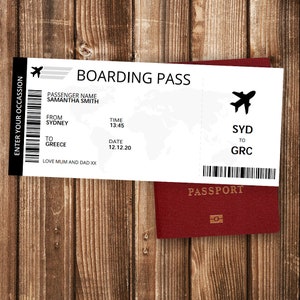 May include: A white boarding pass with the text "BOARDING PASS" and "ENTER YOUR OCCASSION" printed on it. The pass has a barcode and the text "PASSENGER NAME SAMANTHA SMITH", "FROM SYDNEY", "TO GREECE", "TIME 13:45", "DATE 12.12.20", "LOVE MUM AND DAD XX", "SYD TO GRC". A red passport with the word "PASSPORT" printed on it is below the boarding pass.