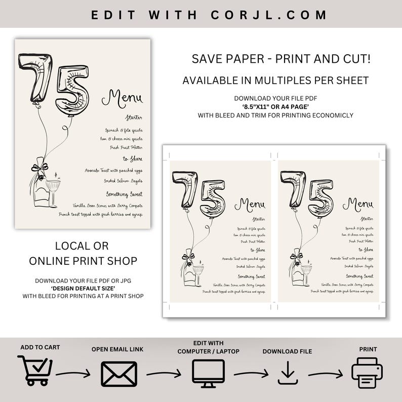 75th Birthday Menu Template Printable, Hand Drawn Dinner Menu for 75th ...