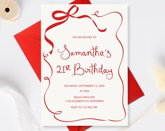 21st Birthday Invitation, Whimsical Twenty One Birthday Invite, Red Editable Adult Party Invitation, hand drawn 21st Birthday invite