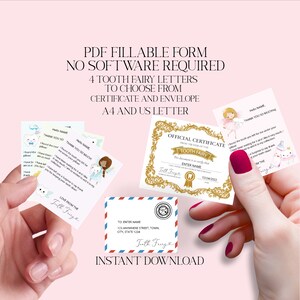 May include: Printable tooth fairy certificate and envelope template in gold and white with a tooth fairy illustration. The certificate says "Official Certificate from the Desk of the Tooth Fairy". The envelope has the text "Tooth Fairy" and the words "Instant Download".
