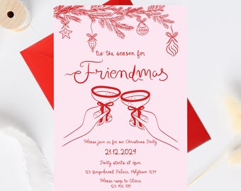 Puede incluir: Una invitación a una fiesta de Navidad rosa con texto e ilustraciones rojas. El texto dice "tis' the season for Friendmas" e incluye detalles sobre la fiesta, como la fecha, la hora, la ubicación y la información de RSVP.