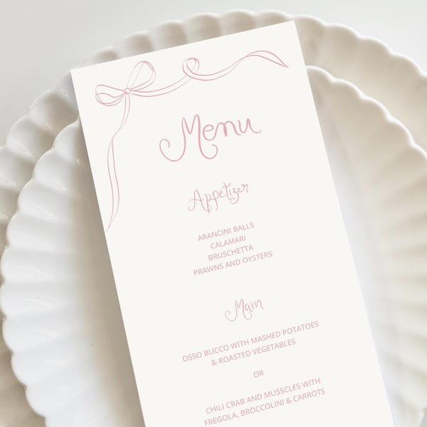 Bow pink Menu Template printable pink baby shower menu Handwritten party food menu, Hand drawn bridal shower menu pink birthday tie the knot