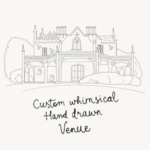 Wedding Venue Hand Drawn Sketch, Whimsical wedding venue illustration for Bespoke Invitations & Stationery Digital sketch of venue Line Art