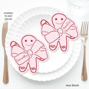 Christmas Gingerbread man Pink Bow Place Cards Template, Whimsical PlaceCard, Gingerbread man Fancy Friendmas placecard, Christmas placecard