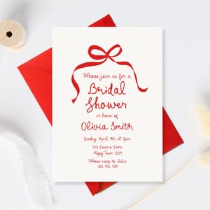 Red Bridal shower invitation template, Tying the knot Bridal Shower Invitation, bow Bridal Invite, Whimsical party invite Bow bridal brunch