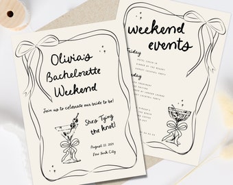 Puede incluir: Ilustración en blanco y negro de una invitación a una despedida de soltera con una copa de martini y el texto "Olivia's Bachelorette Weekend" y "She's Tying the Knot!" La invitación incluye la fecha "August 22, 2024" y la ubicación "New York City".