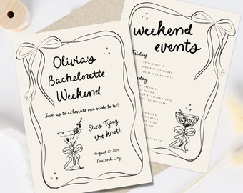 Hand drawn Bachelorette Weekend Invitation, Hens Weekend Wavy Invite Pretty Bow Bachelorette Weekend Invitation Trendy Hens invite Itinerary