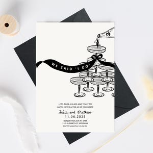 We Eloped Party Invitation Illustration invite, Vintage Post Elopement Celebration Invite, Elegant Elopement Announcement wine tower drawn