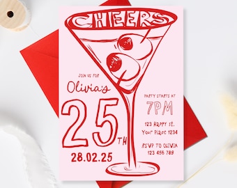 25th Birthday Invitation, Whimsical Twenty Five Birthday Invite, Red Pink Editable Adult Party Invitation hand drawn 25th Birthday invite 25