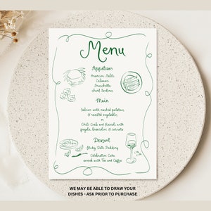 Green Wedding Menu Template printable, Hand drawn line art illustrated wedding party food menu, Modern wedding menu scribble menu icons