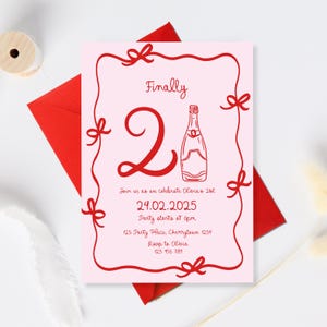 Finally 21 Birthday Invitation Template, Pink 21st Birthday Invitation, Whimsical Twenty One Birthday, illustrated 21st Birthday invite red