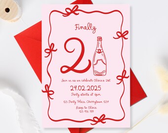 Finally 21 Birthday Invitation Template, Pink 21st Birthday Invitation, Whimsical Twenty One Birthday, illustrated 21st Birthday invite red