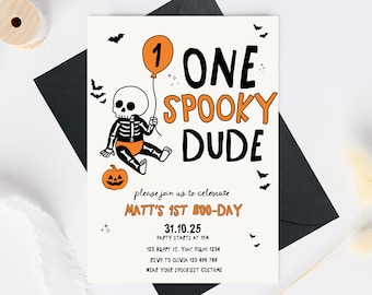 May include: Halloween-themed invitation with the text "ONE SPOOKY DUDE." The invitation features a skeleton holding a balloon, a jack-o'-lantern, and bats. The invitation also includes party details such as the date, time, and location.