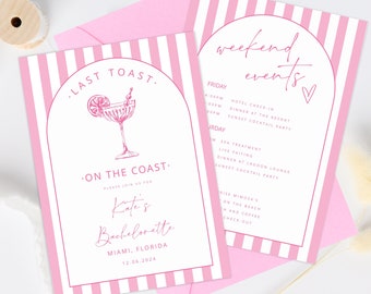 Pink Coastal Last Toast On The Coast, 30A Bachelorette Invitation and Itinerary Template, Beach Bachelorette Party Invite editable Itinerary