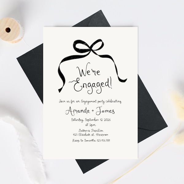 Engagement Party Invitation Illustration invite, elegant Black bow Vintage engagement invite, we're engaged Invite for Engagement Party