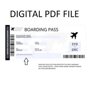 May include: A printable boarding pass template with a blue background and a white airplane icon. The text on the pass reads "Boarding Pass", "Passenger Name: Samantha Smith", "From: Sydney", "To: Greece", "Time: 13:45", "Date: 12.12.20", "Syd to Grc", and "Love Mum and Dad xx".
