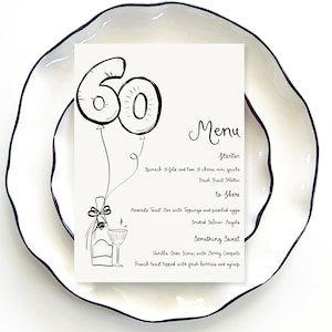 60th birthday Menu Template printable, Hand drawn dinner menu for 60th party food menu cheers to sixty menu 60 balloons, sixty and fabulous