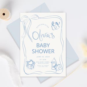 Hand Drawn Baby Shower Invitation Template, Whimsical bow baby shower, Handwritten blue invite Whimsical Baby Brunch Bow Baby Boy invitation