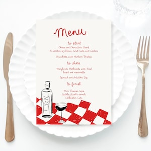 May include: A red and white checkered tablecloth with a bottle of wine and a glass of wine. The menu lists the food items: Cheese and Charcuterie Board, Bruschetta with Heirloom Tomatoes, Margherita Flatbreads with Fresh basil and mozzarella, Spinach and Artichoke Dip, Mini Tiramisu cups, Nutella Ricotta cannoli, Celebration Cake.
