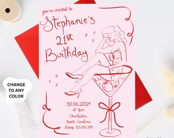 21st Birthday Invitation, Whimsical Twenty One Birthday Invite, Red Pink Adult Party Invitation, hand drawn 21st Birthday martini cocktail