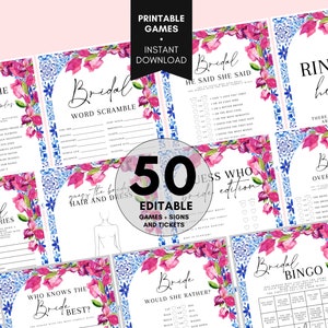 Bridal Shower Game Bundle, Mediterranean Bridal Shower Games Printable, Name and Questions, 50 bridal GAMES, Santorini Tiles Bougainvillea