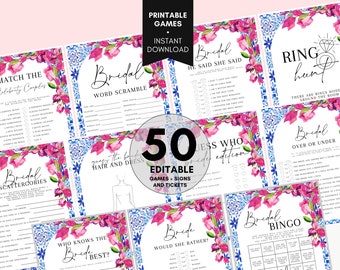 Bridal Shower Game Bundle, Mediterranean Bridal Shower Games Printable, Name and Questions, 50 bridal GAMES, Santorini Tiles Bougainvillea