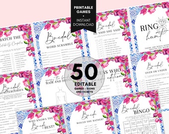 Bridal Shower Game Bundle, Mediterranean Bridal Shower Games Printable, Name and Questions, 50 bridal GAMES, Santorini Tiles Bougainvillea