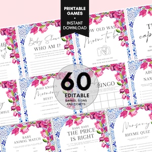 Baby Shower Games,Modern Baby Shower Game Bundle, Printable Games, The price is right, Baby Bingo Game, Santorini Blue Tiles Bougainvillea