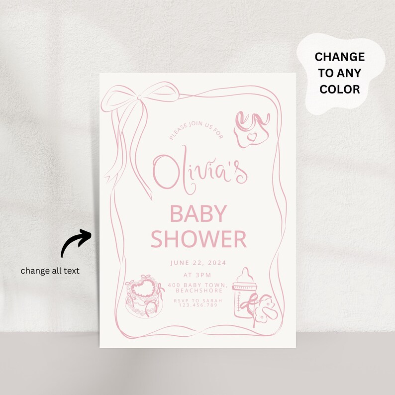 Hand Drawn Baby Shower Invitation Template, Whimsical Bow Baby Shower ...
