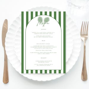 Country club shower Menu Template printable, Hand drawn line art illustrated tennis menu, Green Vintage country club Bachelorette menu