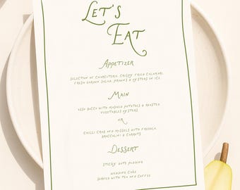 Green Wedding Menu Template, Handwritten Printable Reception Menu, Editable Dinner Menu, Bridal Shower, Engagement, Rehearsal Dinner menu